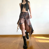 Hoombox Women's Irregular Skirt Harajuku Y2k Vintage Long Brown Skirts 90s Aesthetic Korean A-Line Skirt Emo 2000s Trashy Clothes