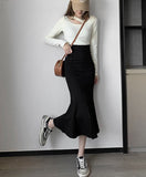 Hoombox High Waist Black Skirt Women Solid Color Mermaid Skirt Female Autumn Elegant Office Lady Midi Skirts Womens Split S-XL