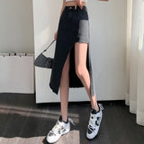 Hoombox New Korean Fashion Sexy Splicing Asymmetry Split Woman Skirts Womens Medium-long Jean Skirt Casual Female Girls Denim Skirt