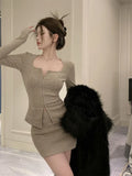 Hoombox Sexy 2 Piece Dress Set Elegan Casual Long Sleeve Knitted Suits Y2k Crop Tops + Bodycon High Waist Mini Skirt Korean Autumn