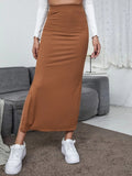 Hoombox Brown High Waisted Long Skirts Women Sexy Split Bodycon Maxi Skirt  Summer Female Elegant Casual Solid Skirt Streetwear