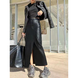 Hoombox Leather Skirt for Women New Fashion Vintage High Waisted Split Midi Skirt Chic Casual Slim Black A Line Skirts