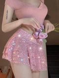 Hoombox 2024 Spring Summer Women Pink Sequin Multi Layered Ruffle Edge Ultra Short Skirt Sexy Spicy Girl Mid Rise Mini Skirts Clubwear