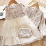 Hoombox Baby Girl Clothes  Children Suits Korean Version Small Fragrance Girl Plaid Doll Collar Jacket + Love Vest Skirt 2Pcs Clothes Suit Wool Coat