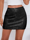 Hoombox Glitter Sequined Solid Bodycon Mini Skirt, Elegant Mini Pencil Skirt, Women's Clothing