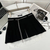 Hoombox Chain Pleated Mini Skirt Women High Waist A-line Fake 2 Pieces Irregular Vintage Short Skirt Summer Acubi Fashion