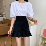 Hoombox Korean Fashion Mini Skirt Women Cute Sexy Elastic Waist A-line Ruffles Patchwork Mini Skirt Preppy Style Summer Girl