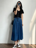 Hoombox New Spring Summer Denim Skirts Women Casual High Waist A-line Skirts Lady Loose Vintage Dark Blue Skirts