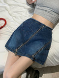 Hoombox Vintage Denim Mini Skirt Women Solid High Waist A-line Zipper Distressed Streetwear Jean Skirt 2000s Fashion Summer