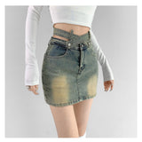 Hoombox Denim Mini Skirt Women High Waist A-Line Belt Distressed Bodycon Kpop Skirt Summer Vintage Streetwear Fashion