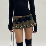 Hoombox Punk Style Eyelet Sexy Micro Skirts Cyber Gothic Y2k Low Waist Mini Skirt Pleated Streetwear Bottoms With Lace Up Belt