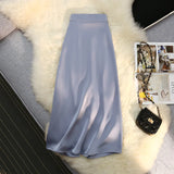 Hoombox Silk Satin Long Black Skirts for Women Elegant Ladies A Line Zipper Back Elastic Band Korean Fashion Luxury Midi Skirt