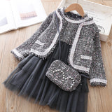 Hoombox Baby Girl Clothes  Children Suits Korean Version Small Fragrance Girl Plaid Doll Collar Jacket + Love Vest Skirt 2Pcs Clothes Suit Wool Coat