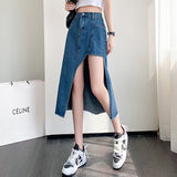 Hoombox New Korean Fashion Sexy Splicing Asymmetry Split Woman Skirts Womens Medium-long Jean Skirt Casual Female Girls Denim Skirt