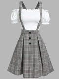 Hoombox Off The Shoulder Tee and Crisscross Plaid Suspender Skirt Set Two Piece Dress Top and Skirt Set