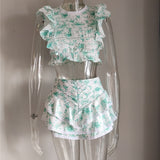 Hoombox  High Quality  Sunday Set elastic waistband Cropped top with ruffle detail and cute ruffle mini shorts skirts