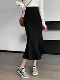 Hoombox High Waist Black Skirt Women Solid Color Mermaid Skirt Female Autumn Elegant Office Lady Midi Skirts Womens Split S-XL