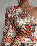 Hoombox Fashion One Shoulder Long Puff Sleeves Crop Top Floral Print Party Bodycon Mini Skirt Set Women