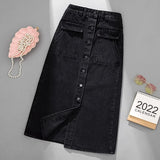 Hoombox Oversized Women Black Denim Skirts Autumn New High Waist Single Breasted  A-line Ladies Skirts Elegant Slit Midi Jean Skirts