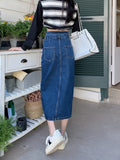 Hoombox A-line High Waist Long Vintage Versatile Split Denim Skirt Woman