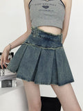 Hoombox Denim Pleated Skirt Women Vintage Streetwear High Waist A-line Raw Edge Korean Fashion Blue Jean Mini Skirt Summer Y2k