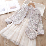 Hoombox Baby Girl Clothes  Children Suits Korean Version Small Fragrance Girl Plaid Doll Collar Jacket + Love Vest Skirt 2Pcs Clothes Suit Wool Coat