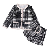 Hoombox Baby Girl Clothes  Children Suits Korean Version Small Fragrance Girl Plaid Doll Collar Jacket + Love Vest Skirt 2Pcs Clothes Suit Wool Coat