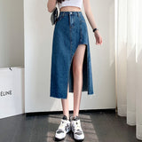 Hoombox New Korean Fashion Sexy Splicing Asymmetry Split Woman Skirts Womens Medium-long Jean Skirt Casual Female Girls Denim Skirt