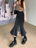 Hoombox Black Denim Long Skirt Women Vintage High Waist Split Bodycon Ruffles Pencil Mermaid Midi Skirt Summer Japanese Fashion