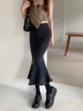 Hoombox Black Denim Long Skirt Women Vintage High Waist Split Bodycon Ruffles Pencil Mermaid Midi Skirt Summer Japanese Fashion