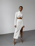 Autumn Sexy Solid Ribbed 2 Two Piece Sets Club Outfit For Women  Long Sleeve O Neck Crop Top And Skirt Sets Female