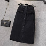 Hoombox Oversized Women Black Denim Skirts Autumn New High Waist Single Breasted  A-line Ladies Skirts Elegant Slit Midi Jean Skirts