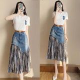 Hoombox Summer Irregular Jeans Skirts Women Korean Fashion High Waist Patchwork Tulle Skirt Woman Y2K Pockets Long Denim Skirts