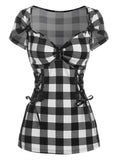 Hoombox Off The Shoulder Tee and Crisscross Plaid Suspender Skirt Set Two Piece Dress Top and Skirt Set