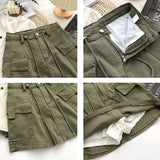 Hoombox Army Green Short Cargo Skirt Women Drawstring High Waist Mini Skirts Female Y2K Streetwear Big Pocket A-Line Skirts De Mujer