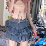 Hoombox Y2K Vintage Women Korean Button Belted Short Denim Mini Skirts Aesthetic Fairy Grunge High Waiste Jeans A-line Skirt Alt Clothes