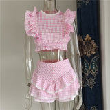 Hoombox  High Quality  Sunday Set elastic waistband Cropped top with ruffle detail and cute ruffle mini shorts skirts