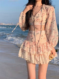 Hoombox Spring Summer Sweet Two Piece Set Sexy Backless Shirt Crop Top + Cake Skirt Suits Floral Chiffon Boho Beach Outfits  Fairy Dress  For Women