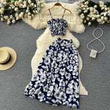 Hoombox Women Dress Set New Summer Vacation Fashion Floral Print Straps Crop Tops + Long Skirts Outfits Beach 2Pcs Suits