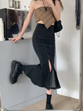 Hoombox Black Denim Long Skirt Women Vintage High Waist Split Bodycon Ruffles Pencil Mermaid Midi Skirt Summer Japanese Fashion