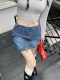 Hoombox Vintage Denim Mini Skirt Women Solid High Waist A-line Zipper Distressed Streetwear Jean Skirt 2000s Fashion Summer