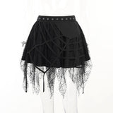 Spider Web Punk Mesh Tassel Mini Skirts Mall Gothic Grunge High Waist A-line Skirt For Women Eyelet Party Alt Clothes