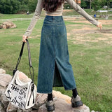 Hoombox Split Denim Skirt for Women  Spring Summer New Y2K High Waist Long Skirt Female Vintage Blue A-Line Jean Skirts