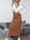 Hoombox Brown High Waisted Long Skirts Women Sexy Split Bodycon Maxi Skirt  Summer Female Elegant Casual Solid Skirt Streetwear