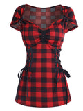 Hoombox Off The Shoulder Tee and Crisscross Plaid Suspender Skirt Set Two Piece Dress Top and Skirt Set