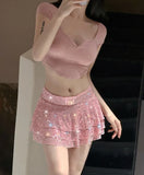 Hoombox 2024 Spring Summer Women Pink Sequin Multi Layered Ruffle Edge Ultra Short Skirt Sexy Spicy Girl Mid Rise Mini Skirts Clubwear