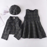 Hoombox Baby Girl Clothes  Children Suits Korean Version Small Fragrance Girl Plaid Doll Collar Jacket + Love Vest Skirt 2Pcs Clothes Suit Wool Coat