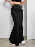 Hoombox Elegant Black High Waist Ruched Mermaid Skirt Women Summer Club Party Y2K Solid Ruched Slim Fit Maxi Skirts Streetwear