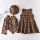 Hoombox Baby Girl Clothes  Children Suits Korean Version Small Fragrance Girl Plaid Doll Collar Jacket + Love Vest Skirt 2Pcs Clothes Suit Wool Coat