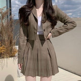 Retro Blazer Suits Women Elegant Cropped Jacket & Pleated Skirt Sets Cute Two Piece Plaid Suit + High Waist Mini Skirt Suit